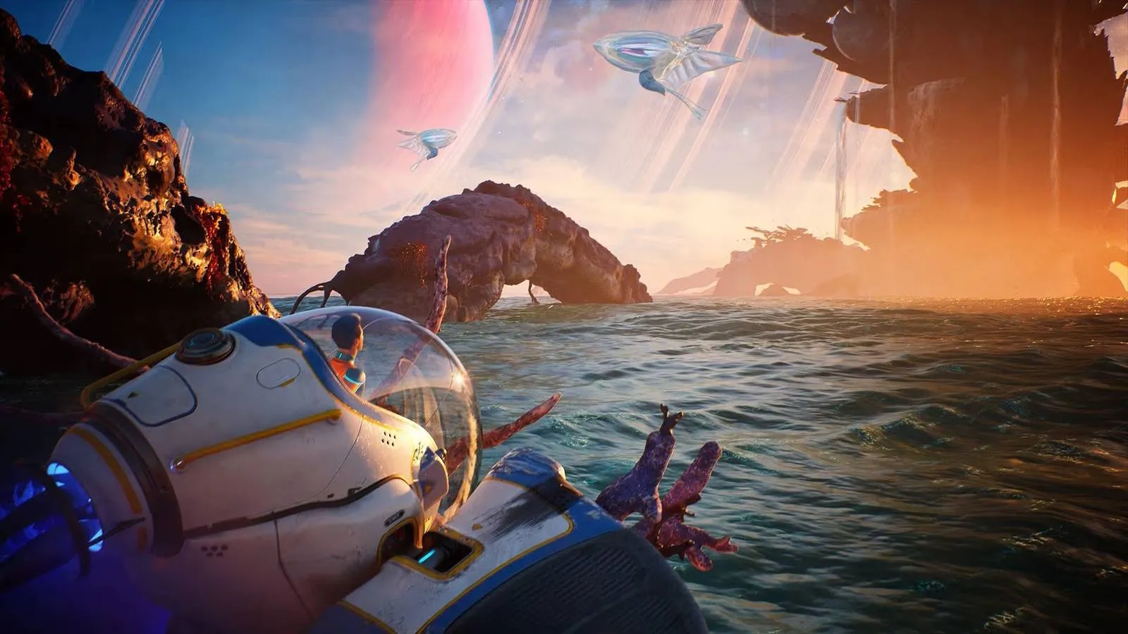 Cena subaquática de Subnautica 2 com criaturas bioluminescentes num oceano alienígena