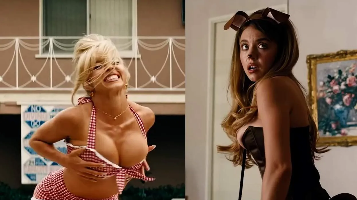 Montagem com duas cenas de Sydney Sweeney como Cassie na terceira temporada de Euphoria: de top xadrez ao ar livre e de espartilho preto com tiara de orelhas