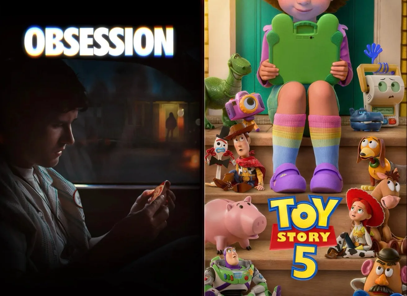 Montagem com os brinquedos de Toy Story 5 de um lado e a atmosfera sombria do terror Obsession do outro