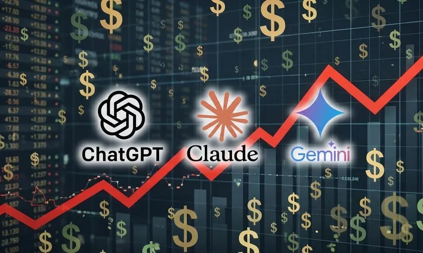 Gráfico mostrando curva de custo de tokens de IA subindo acima de uma linha de salários de funcionários