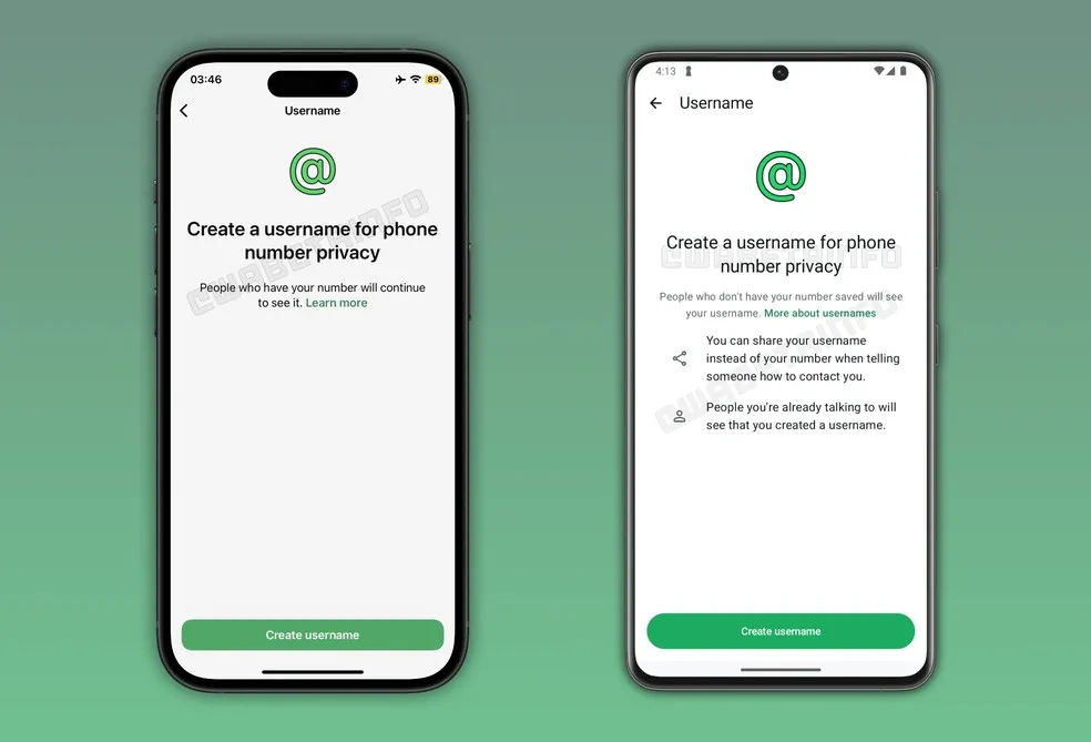 Tela de configuração de nome de usuário do WhatsApp com o símbolo de arroba em destaque