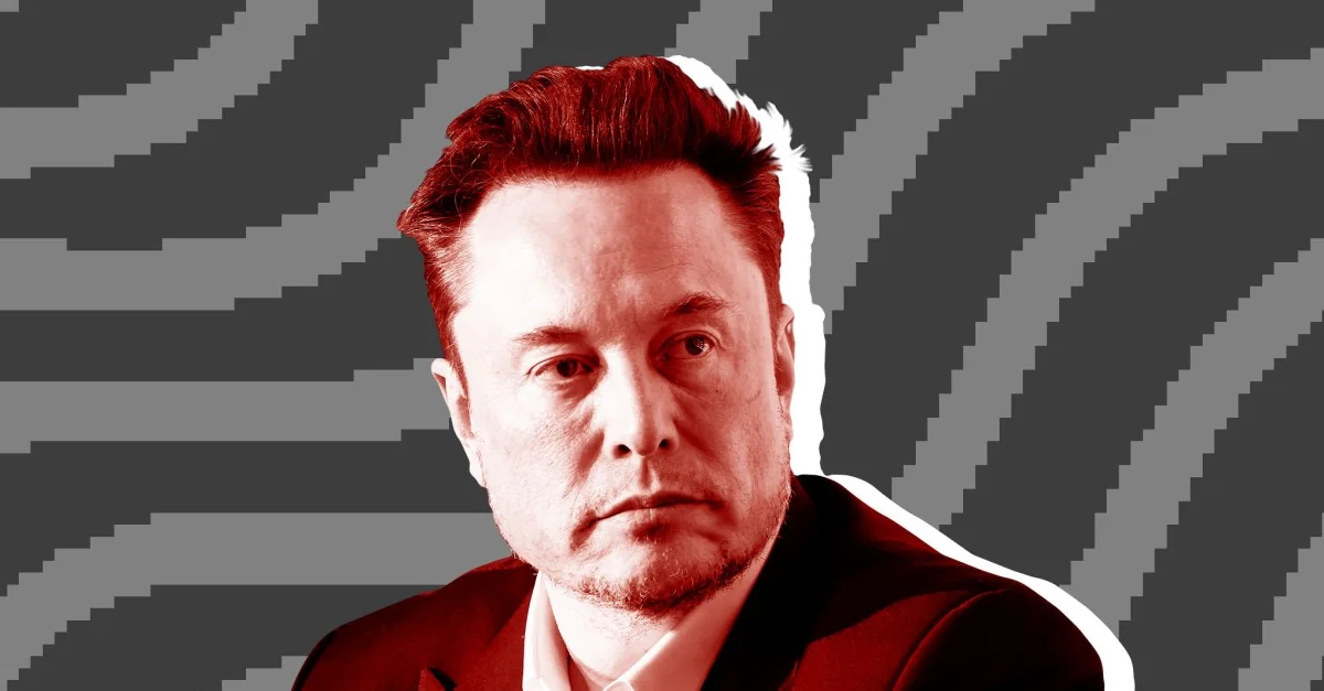 Elon Musk com expressão séria em retrato estilizado com filtro vermelho e fundo digital glitchado